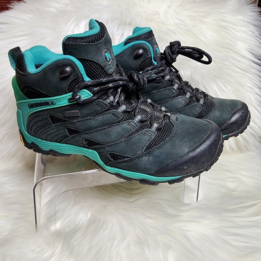 Merrell Ice Chameleon mid waterproof leather hiking boot, size 9, black/teal